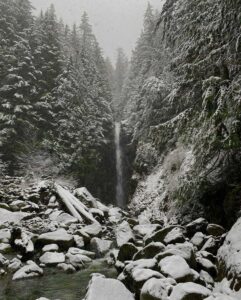 Snowy Norvan Falls in winter - North Vancouver