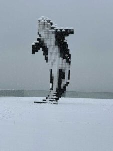 Digital Orca in downtown Vancouver in a snowy day